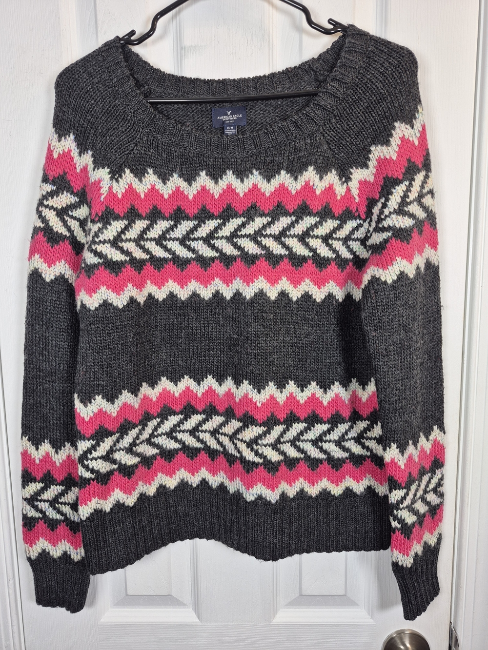 American Eagle Fair Isle Chunky Knit Sweater M Pink Grey Y2K Apres Ski Wool